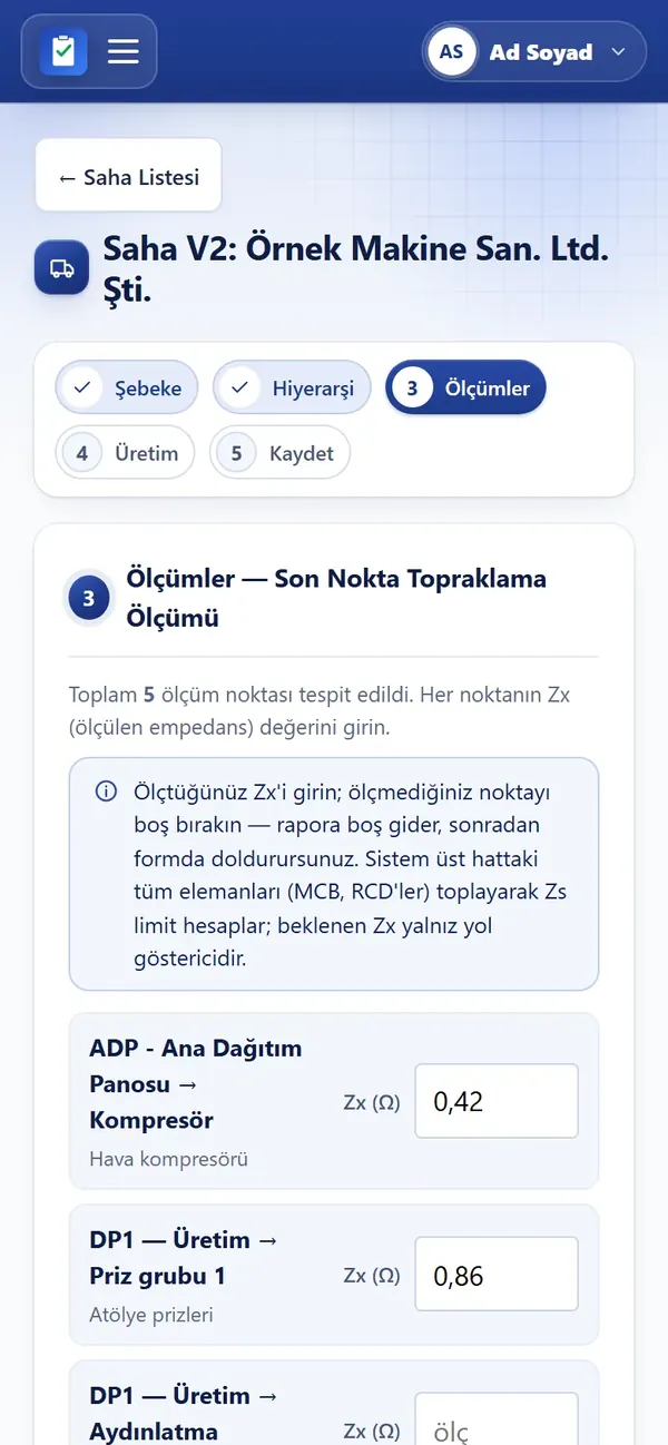 Saha Modu: ölçüm noktaları adımı, pano hiyerarşisinden Zs değerleri