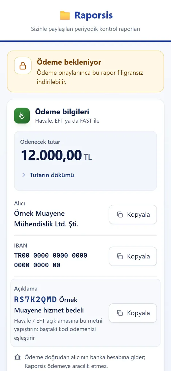 Müşterinin telefonunda paylaşım sayfası: ödeme bekleniyor, ödeme bilgileri ve dekont yükleme