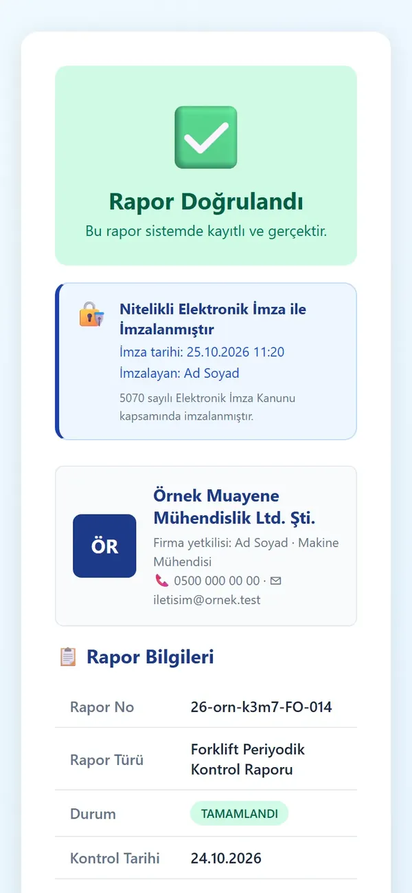 QR okutulunca telefonda doğrulama sonucu: Rapor Doğrulandı, nitelikli elektronik imza bilgisi